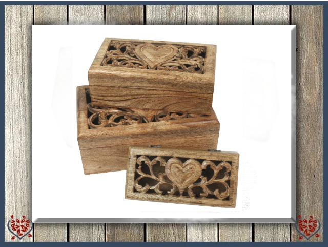 OBLONG BOXES HEART CARVINGS DESIGN - WOODEN BOX | Wooden Boxes & Bowls
