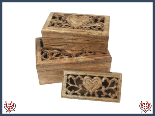 OBLONG BOXES HEART CARVINGS DESIGN - WOODEN BOX | Wooden Boxes & Bowls