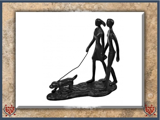 COUPLE WALKING THE DOG ~ METAL FIGURINE | Figurine