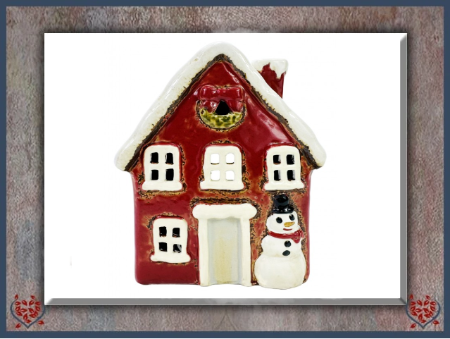 CERAMIC TEALIGHT SNOWMAN COTTAGE ~ RED | Ceramic