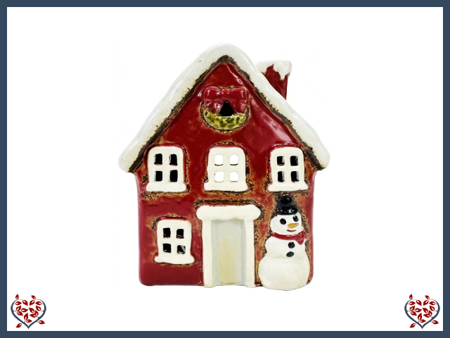 CERAMIC TEALIGHT SNOWMAN COTTAGE ~ RED | Ceramic