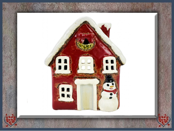 CERAMIC TEALIGHT SNOWMAN COTTAGE ~ RED | Ceramic