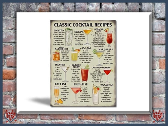 CLASSIC COCKTAIL RECIPES ~ METAL SIGN |  Wall Decor