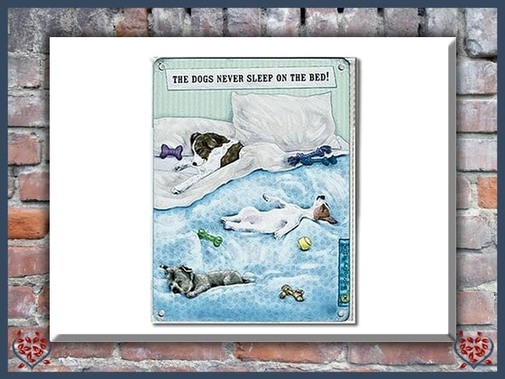 THE DOG NEVER SLEEPS ON THE BED ~ METAL SIGN | Wall Decor